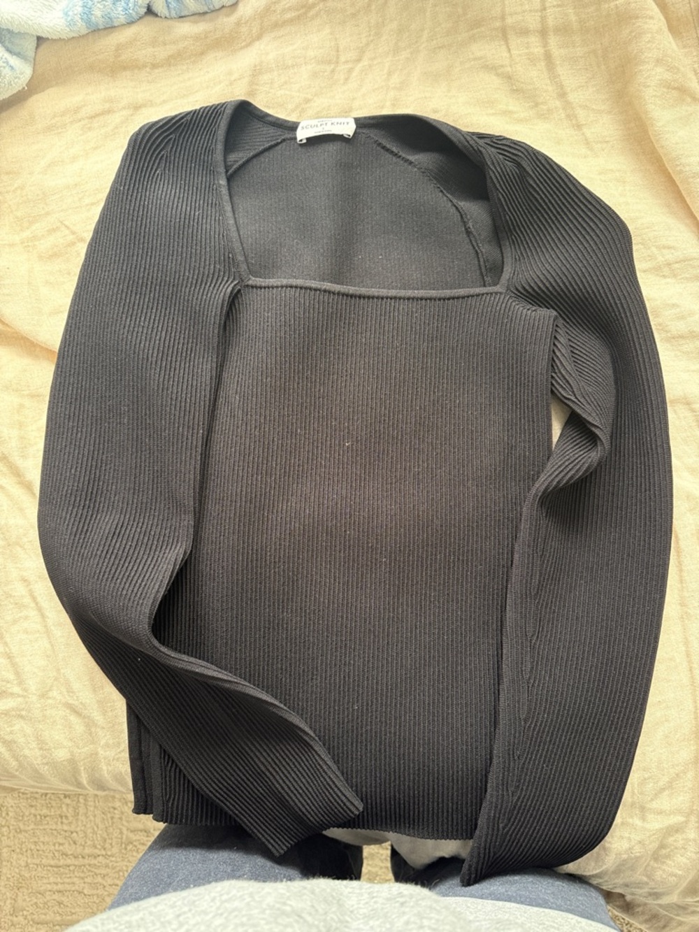 Aritzia Black Ribbed Square-Neck Long Sleeve Top